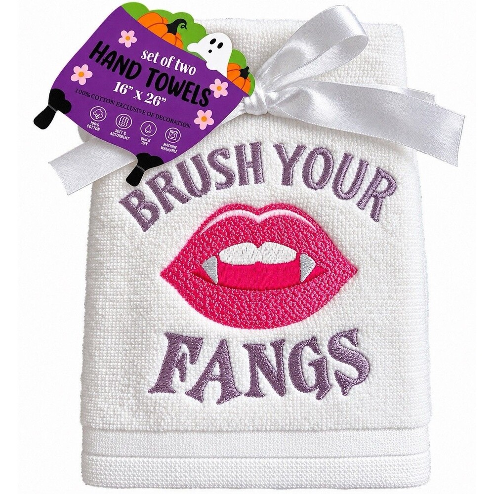 Halloween Brush Your Fangs Vampire Hand Towels Set of 2 Pink Purple 16x26